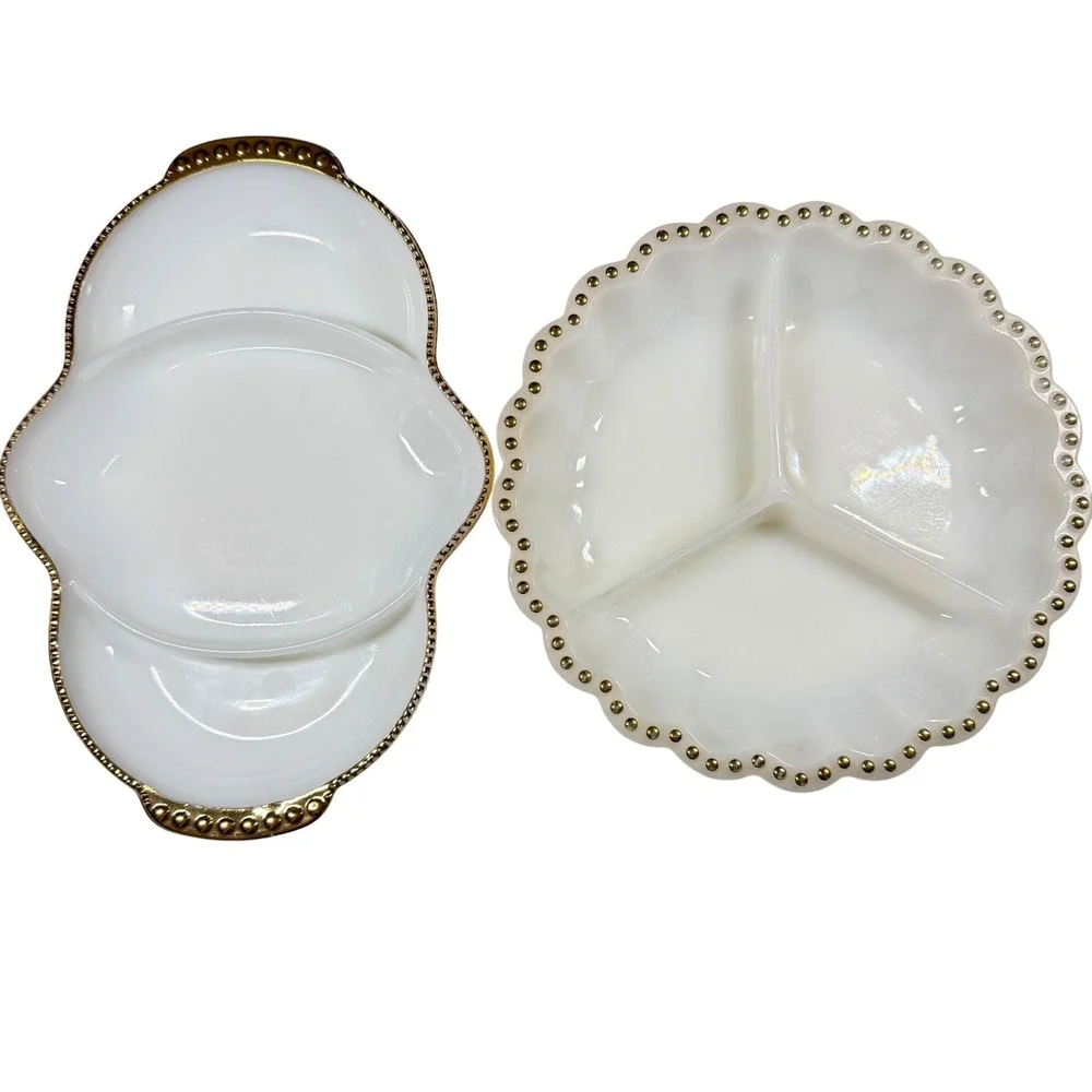 2 FIRE-KING Vintage White Milk Glass Gold Beaded Trim Serving Platter Relish